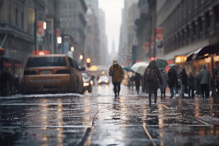 下雨天街道下雨天城市湿滑的道路背景