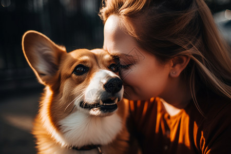 柯基犬和主人依偎图片