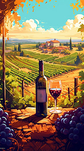 红酒酿造夏季葡萄种植农场艺术插图插画