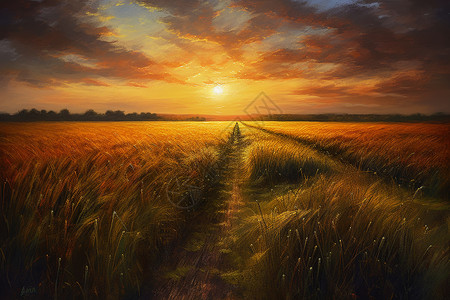 夕阳下的麦田背景图片