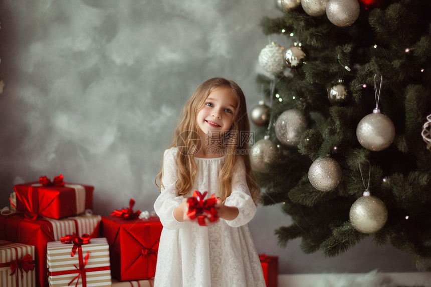 站圣诞树前的开心女孩图片