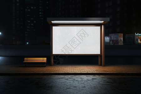 夜晚亮灯的公交站牌背景图片