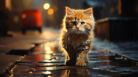 雨天马路上的小猫图片