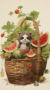 篮筐中的水果和小猫插图图片