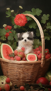 竹篮中水果和小狗水墨画图片
