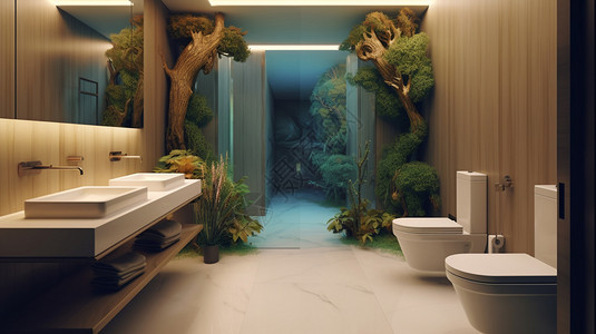 别墅洗手间摆放绿植的别墅卫生间设计图片