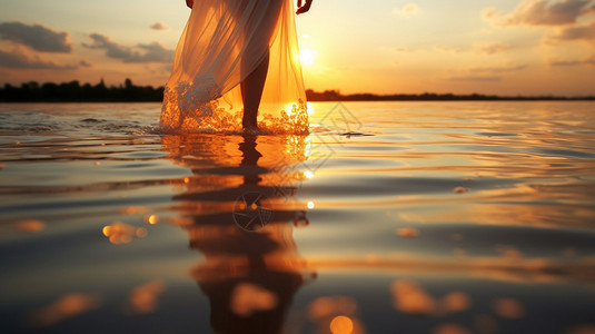 水中漫步的女性背景图片