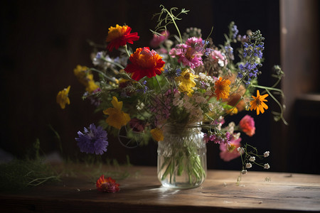 玻璃花瓶中组五颜六色的野花高清图片