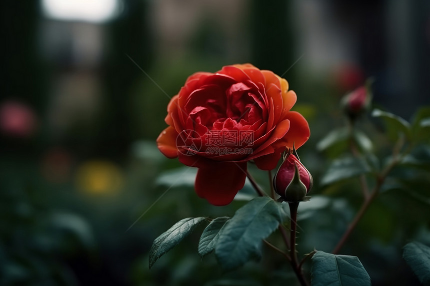 一朵盛开的红玫瑰的特写图片