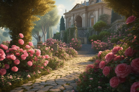 粉红色的玫瑰花园的插画图片