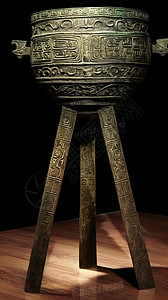 中国风古木凳子古代三足铜鼎概念图设计图片