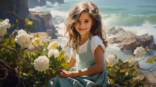 海边拿着向日葵的小女孩图片