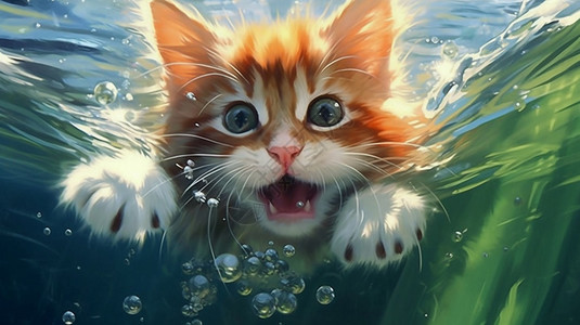 夏天水下游泳的小猫图片