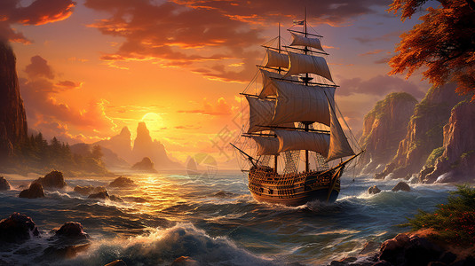 日落时的古代商船创意插图图片