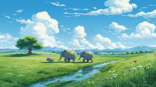 草原上的大象艺术插图图片