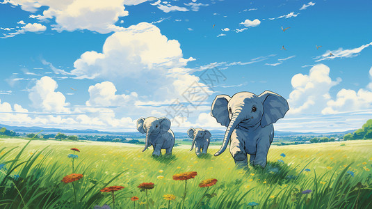 动漫风格草原上大象插图插画