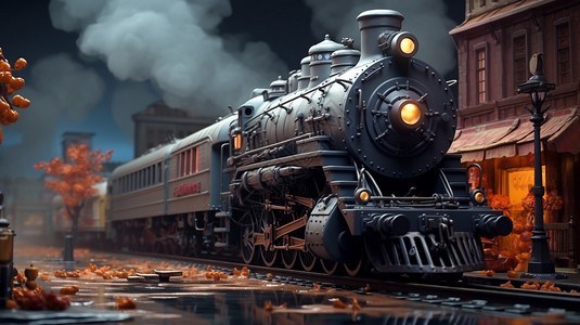 桨式蒸汽机蒸汽式火车模型插画