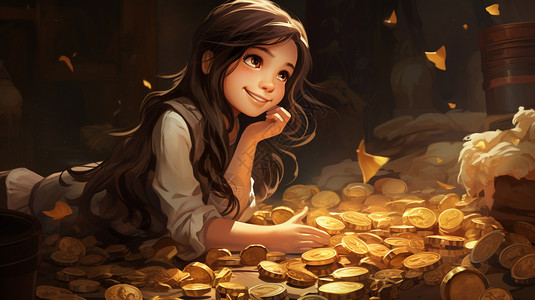 探索宝藏金币的少女图片