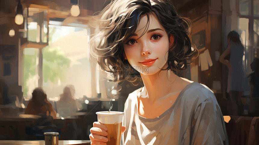 喝咖啡的短发女孩图片