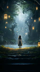 雨天山中小路上的少女背景图片