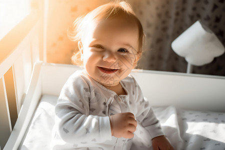 婴儿床里幸福的婴儿图片