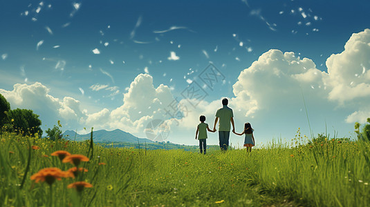 草原上散步的父女背景图片
