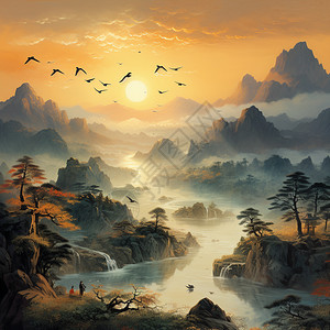 古代风景山水画背景图片