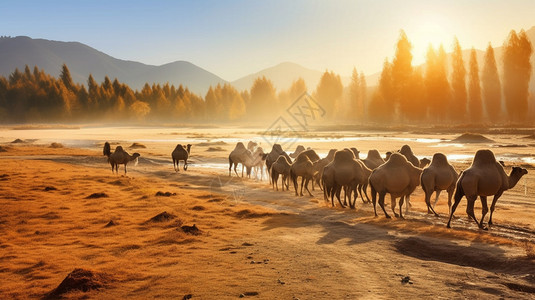 新疆上的骆驼群背景图片