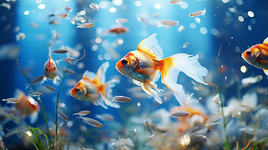 沉入水底鱼缸里漂亮的金鱼背景