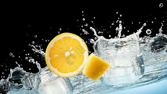 柠檬掉入水中飞溅的水滴设计图片