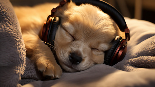 戴耳机熟睡的小狗幼崽图片