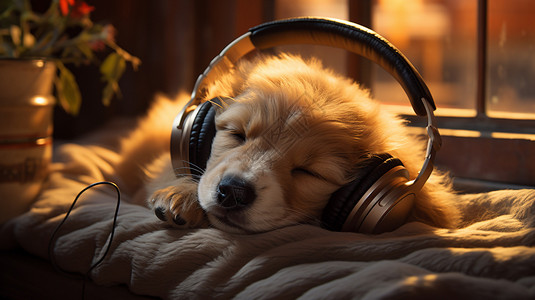 戴耳机的可爱小狗图片