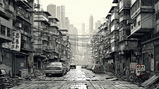 黑白街景城市里拥挤的居民楼插画