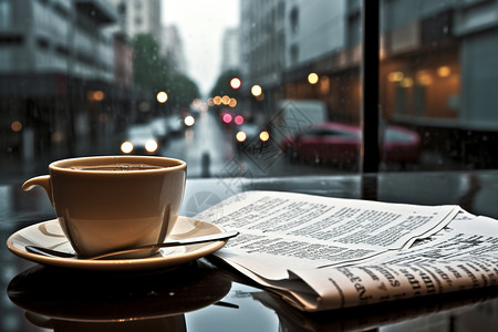 雨天咖啡报纸旁的咖啡饮料背景