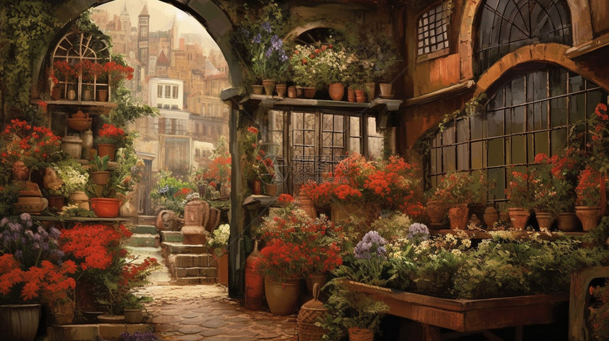 欧洲小镇的花店艺术插图图片