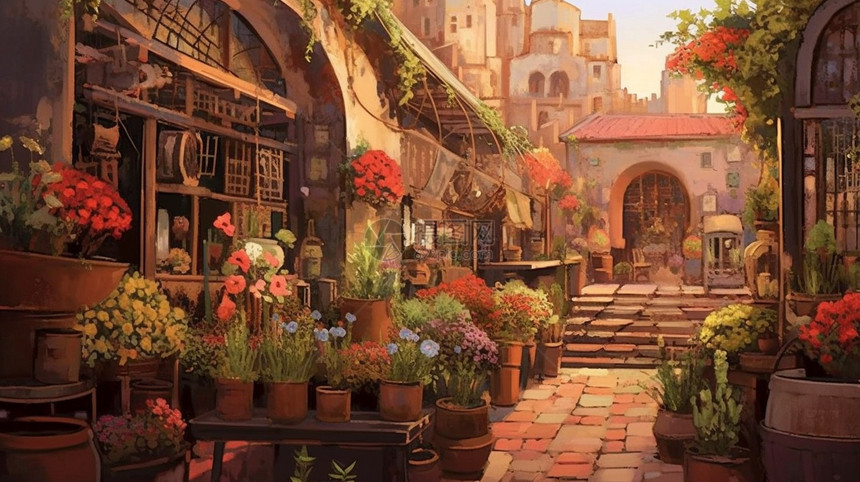 小镇的花店艺术插图图片