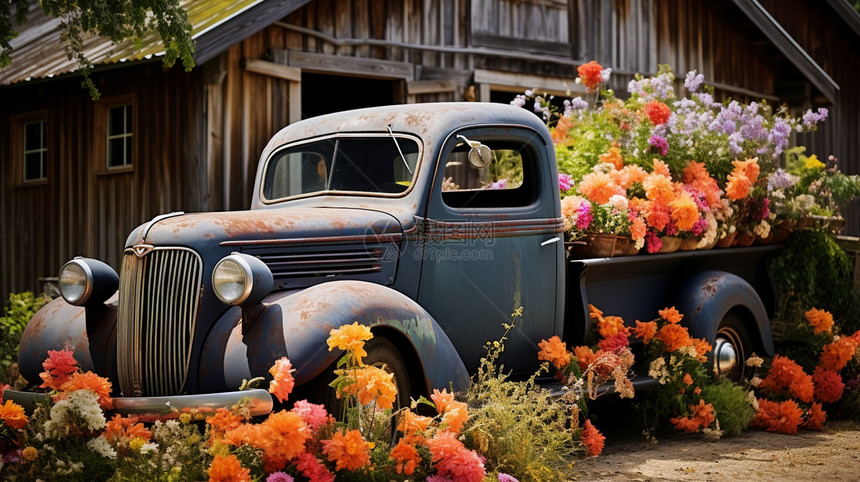 谷仓旧卡车中的鲜花图片