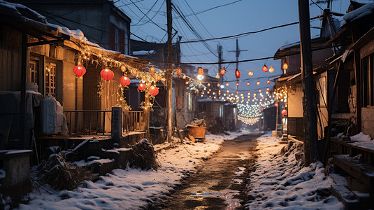 冬天东北夜晚的乡村街道高清图片