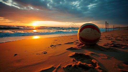 黄昏时沙滩上的排球图片