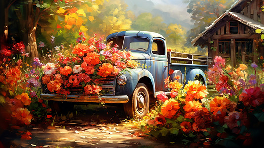 鲜花农场农场开满鲜花的卡车创意插图插画