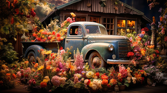 开满乡野中满鲜花的旧卡车设计图片