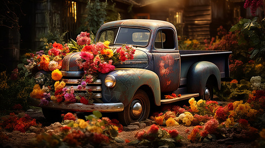 复古风格开满鲜花的旧卡车设计图片