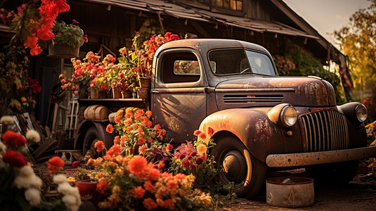 农村开满鲜花的旧卡车高清图片
