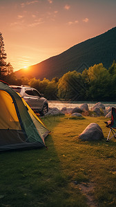 夏季森林中露营的帐篷图片