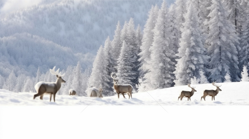 白雪覆盖的雪松林油画插图图片