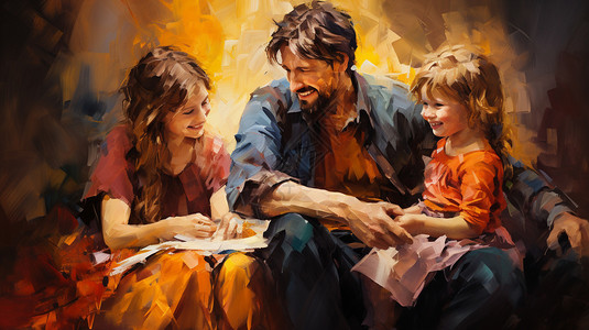 描绘家庭和谐的油画背景图片