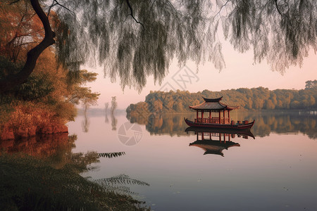 柳树下的湖边的风景背景