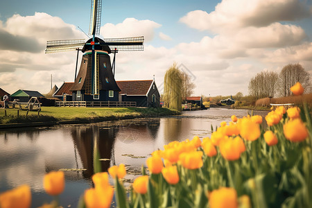 荷兰旅游荷兰风车风景背景