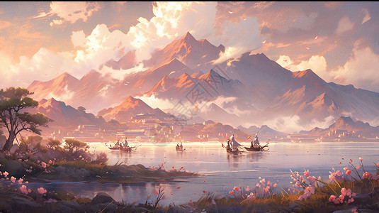古代山川河山的艺术插图背景图片
