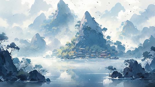 动漫风格的古代山川河山背景图片